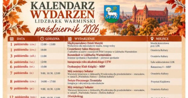 W październiku w Lidzbarku Warmińskim zaplanowano spotkania, koncerty, warsztaty, wystawy i wydarzenia sportowe. Kalendarz obejmuje terminy od 1 do 27 października; datę II Lidzbarskiej Ligi Futsalu organizatorzy mają ustalić później.